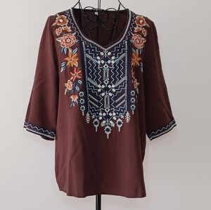 Embroidered V-Neck Boho Tunic Top - Brown Size S